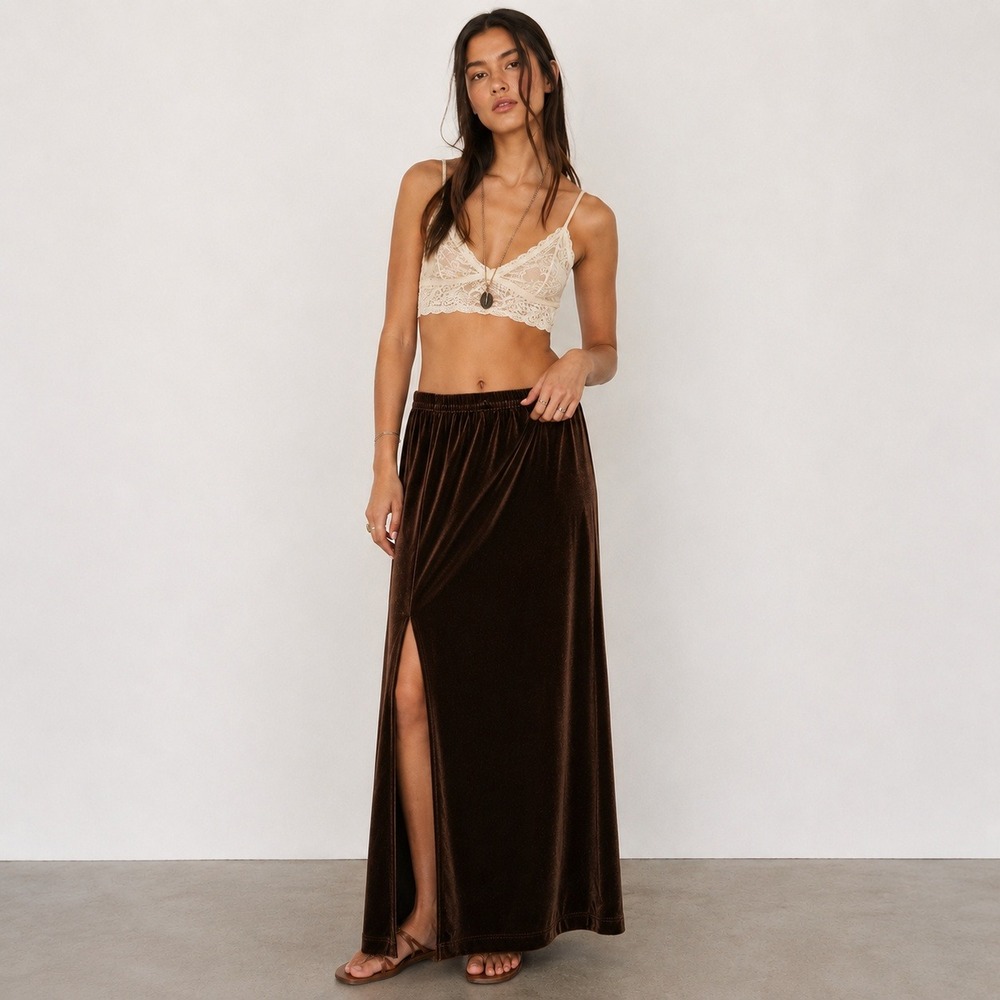 Talbots Chocolate Brown Velvet Maxi Skirt Sz 10 Classic Long Y2K Column Slit